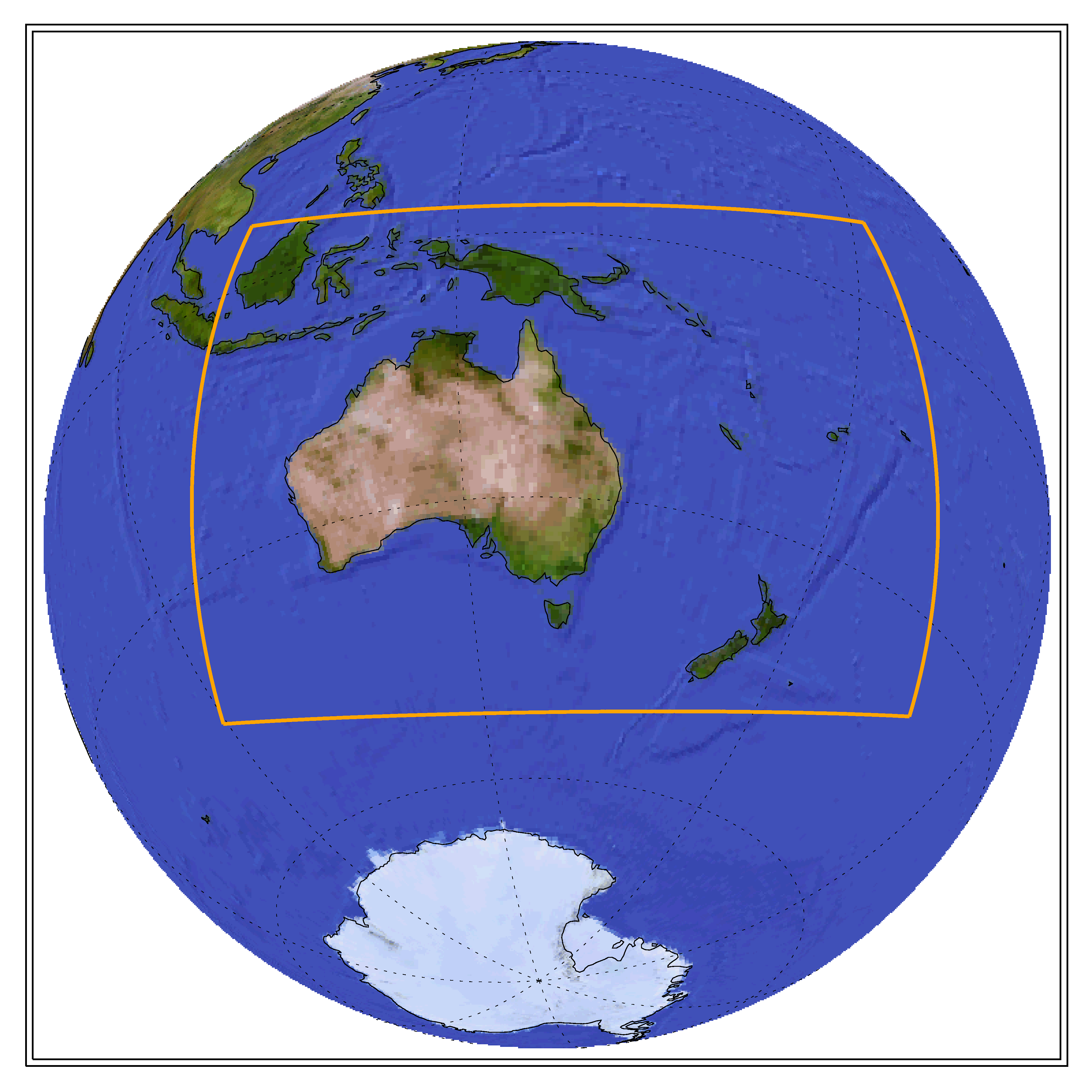 Globe showing the CORDEX domain of Australasia